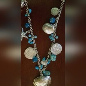 Beautiful Silver Plate Seashell Necklace With Blue And Turquoise Stone Detailing